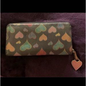 Rare Vintage leather Dooney & Bourke rainbow zipper large clutch wallet hearts